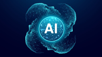 Fototapete - Futuristic AI processor in the center, with abstract human faces and digital elements. Concept of AI, human head, and machine learning in a high-tech, cyber-inspired design. Technology background