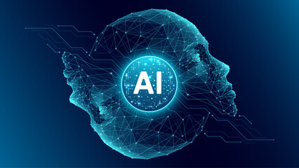 Fototapete - Artificial intelligence circle processor and two human abstract faces. AI innovation concept. Light blue machine learning chip in the center on dark blue technology background.Humanoid robot head tech