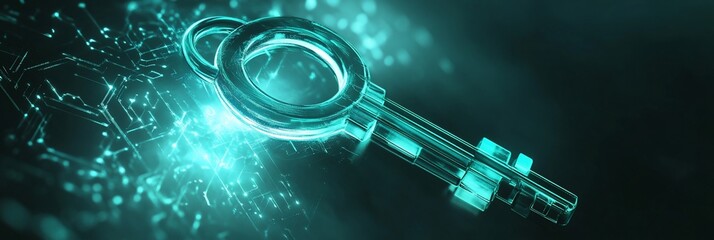 Aufkleber - Glowing teal digital key on dark background.