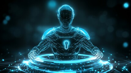 Leinwandbilder - Futuristic glowing humanoid figure with keyhole on chest, surrounded by a circular energy field.