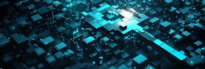 Aufkleber - Abstract 3D rendering of glowing teal cubes forming a complex network.