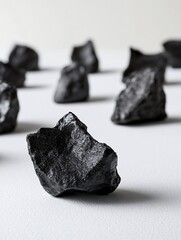 Poster - Close-up of several dark gray rough-textured stones on a white surface.