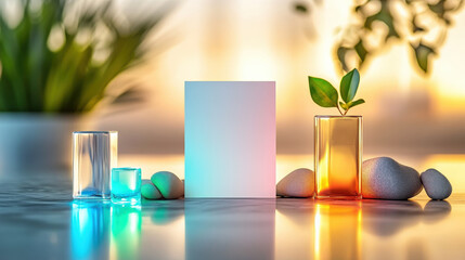Poster - Simple white vertical greeting card is placed on marble surface surrounded by colorful glass vases and smooth stones, creating serene and elegant atmosphere