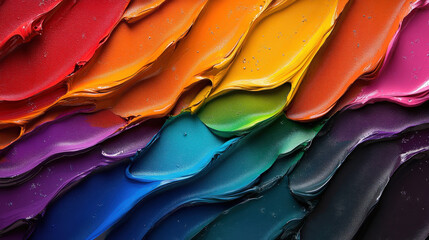 Poster - Closeup of vibrant rainbow color palette painted with thick, textured strokes, showcasing spectrum of colors from red to violet. rich hues create dynamic and lively visual