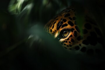 Aufkleber - Close-up of a jaguar's eye peering from behind lush green foliage in a dark, shadowy environment.