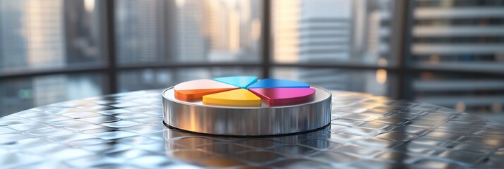 Leinwandbilder - Colorful pie chart on a metallic surface against a city backdrop.