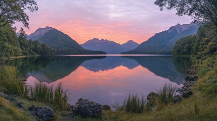 Aufkleber - Serene sunrise over a tranquil lake reflecting mountains.