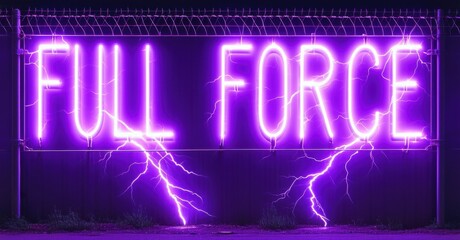 Aufkleber - Bright purple neon sign displays FULL FORCE. Lightning bolts emanate from text, set against dark fence backdrop. Dramatic lighting creates intense visual impact.