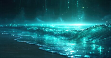 Fototapete - Glowing ocean waves crash, creating luminous spray. Dark background emphasizes bright turquoise water, sparkles visible. Peaceful scene.