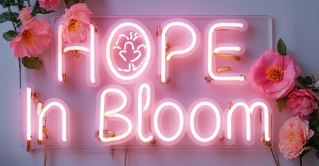 Fototapete - Pink neon sign displays Hope In Bloom. Flowers surround bright lettering, creating positive, vibrant aesthetic. Simple background enhances glow.