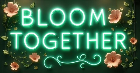 Fototapete - Bright neon sign displays Bloom Together. Floral elements surround text. Dark background enhances glowing effect. Positive message, vibrant colors.