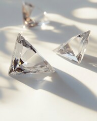 Aufkleber - Three triangular diamonds sparkle on a white surface, illuminated by soft sunlight casting delicate shadows.