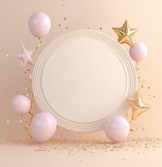 Poster - Pastel pink balloons, gold stars & confetti surround blank circular frame.