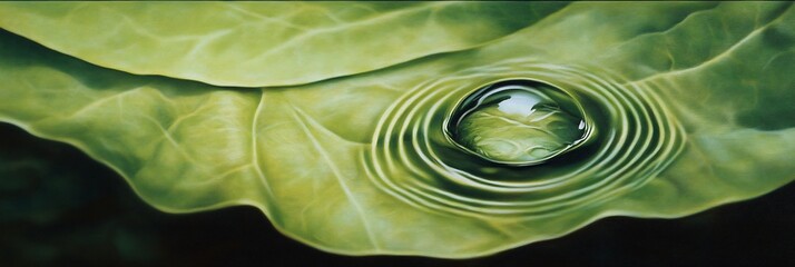 Aufkleber - Water droplet creating concentric circles on a large green leaf.