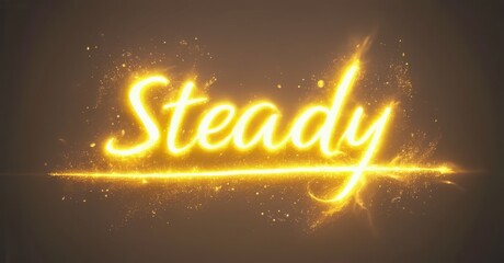 Aufkleber - Bright yellow text reads Steady with glowing particles. Horizontal line below word adds visual emphasis. Warm brown background present.