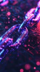 Wall Mural - colorful digital chain links surrounded by glowing particles in an abstract network setting