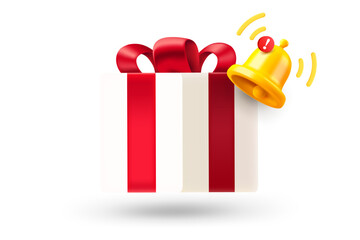 Aufkleber - Gift box with red ribbon and notification bell. 3d vector illustration