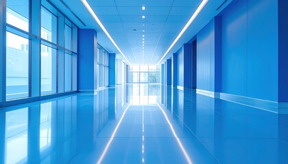 Poster - Long Blue Office Hallway with Reflective Floor and Minimalist Design.