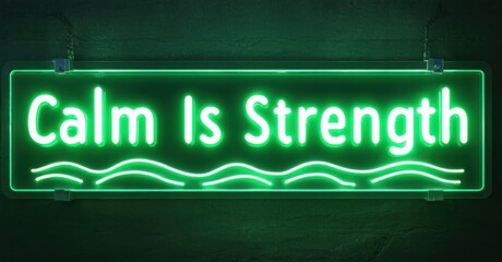 Fototapete - Bright green neon sign displays text. Waves design below message. Dark background enhances glow, simple presentation.