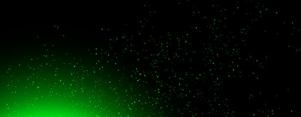 Wall Mural - panoramic blurred green fire embers sparks on black background . texture isolated overlays. concept 