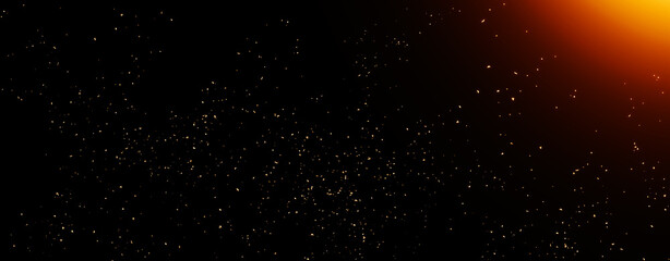 Wall Mural - panoramic blurred fire embers sparks on black background . texture isolated overlays. concept of par