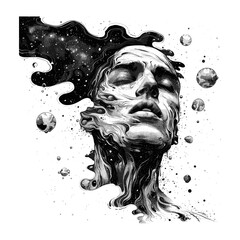 vintage black sketch, surreal human head with floating cosmic elements, old engraving style, trendy 