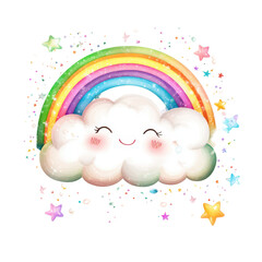 Wall Mural - Whimsical Rainbow's Joy: A vibrant watercolor illustration of a smiling cloud and rainbow, creating a charming and delightful scene filled with colorful stars and joyful essence.