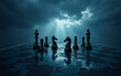 © joeycheung - Silhouetted chess pieces stand on a reflective board beneath a dramatic, stormy sky.  A ray of light pierces the clouds above.  Strategic planning, power, and impending conflict are suggested.