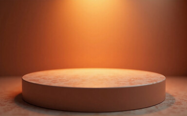 Wall Mural - a round, light beige marble podium sits on a matching floor, illuminated by a warm, orange spotlight