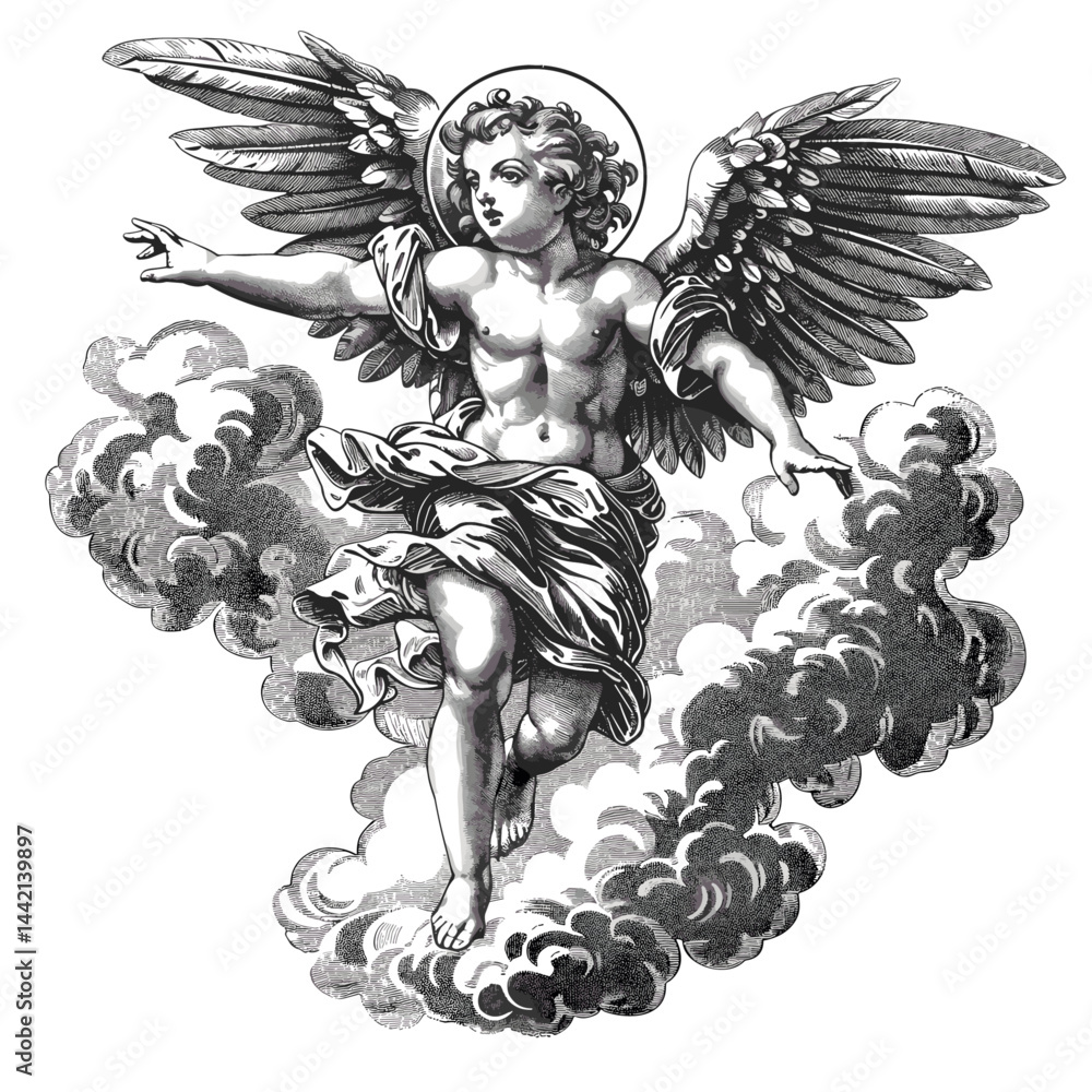 Image vectorielle Stock Flying angel in sky, Renaissance vintage ...