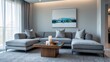 © Cyber Shutter - In a well-lit living room, a grey corner sofa with three pillows is positioned alongside a painting and a carpet.
