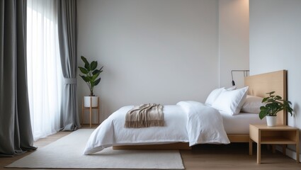 Fototapete - New white bed in a bedroom with gentle and bright lighting