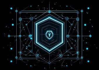 Wall Mural - Abstract graphic design with glowing hexagon and lock icon