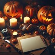 © Jiramet - Halloween Festive Table: Glowing Jack-o'-Lanterns, Flickering Candles, Halloween Cookies, Mini Pumpkins, Blank Papers, and a Cozy Spooky Atmosphere
