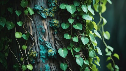 Aufkleber - Fine grains of natural tree wood accompanied by ivy.