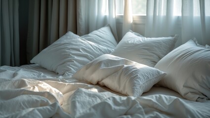 Fototapete - Unmade bed with pillows, blanket, and white sheets in a cozy bedroom post-sleep
