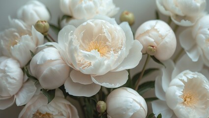 Aufkleber - Macro View of White Peony Flowers Featuring Cream Pastel Shades and Gentle Textures