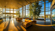 © NanSiri - Sunlit modern lobby with large windows, comfortable seating, and indoor plants