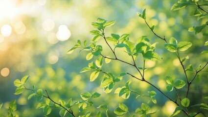 Aufkleber - Young green foliage appears on a branch. Soft sunny background with bokeh. Bright natural theme. The notion of awakening, warmth, and delight. Nature safeguarding postcard. Spring in the park.