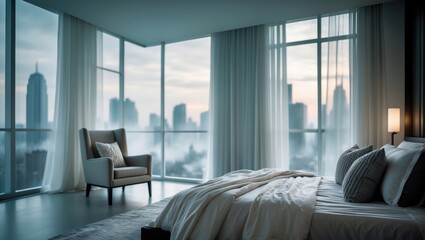 Aufkleber - Modern bedroom with a blurred background, showcasing large windows and a stunning view, seamlessly merging comfort and contemporary style.