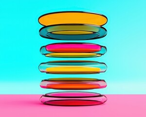 Wall Mural - a stack of colorful glass rings with a blue background