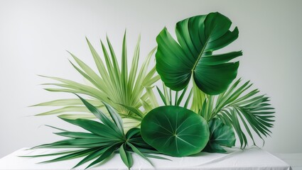 Aufkleber - Jungle-inspired exotic nature image showcasing green palm and aralia leaves on a white table backdrop, floral frame, web banner design