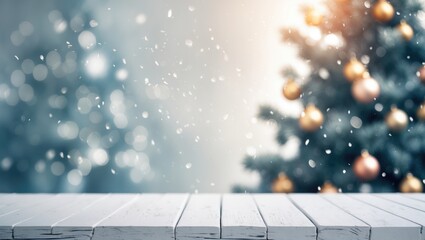 Aufkleber - White wooden table top devoid of items featuring an abstract blurred backdrop and bokeh effects.