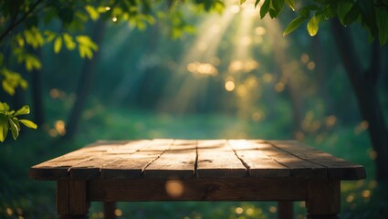 Aufkleber - Empty wooden surface and indistinct nature in the background.