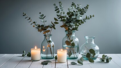 Aufkleber - Eucalyptus displayed in transparent bottles over a white background