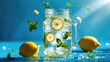 © ArtificialHorizons - Blue background featuring a mason jar of iced lemon tea and ingredients in mid-air. Room for text.
