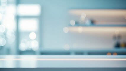 Aufkleber - Clear white table top, blurred counter and desk background with a bokeh light effect, showcasing a shelf and obscured kitchen restaurant for food, product display mockup, template