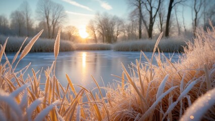 Poster - Frozen pond with frost-covered reeds and grass, framed by bare trees and a bright sun, reflecting the peaceful essence of a morning