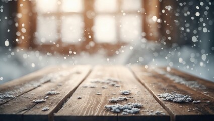 Poster - Wood table top in snow with a blurred background, perfect for photo montage or product display, showing space for items on the table