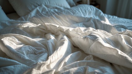 Poster - Sunlit bedroom scene with a wrinkled bedspread and rumpled duvet, illustrating a messy bed after night sleep against fabric and linen backdrop